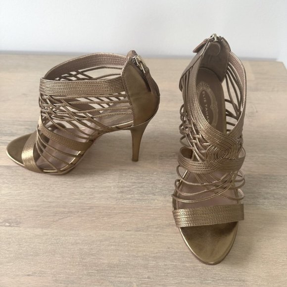 Elie Tahari Metalic Colby Strappy Sandals. (Sandals platform style). GOLD Color - Picture 1 of 8